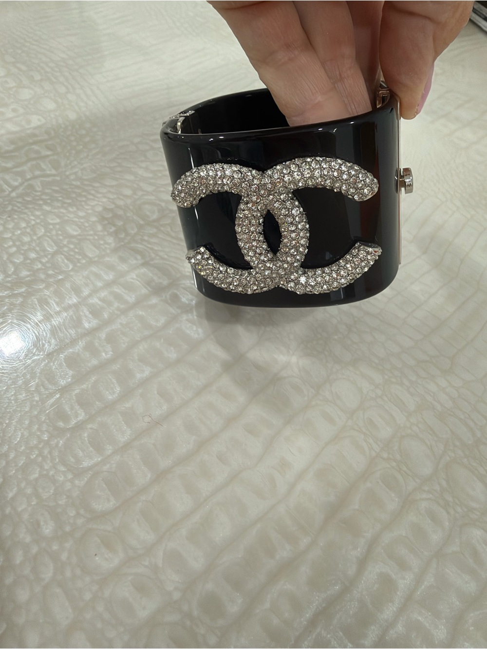 Black Resin Cuff Bracelet with Crystal CC Emblem